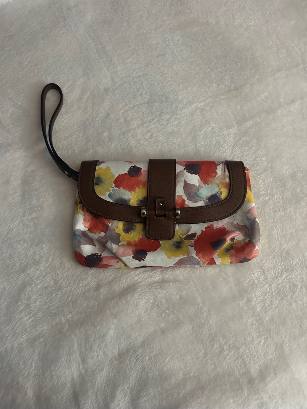 Chaps Floral Multicolor Wristlet with Brown Trim and Strap